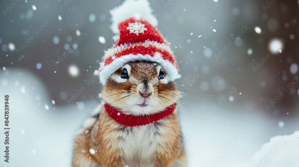 Chipmunk in Snow with Santa Claus Hat & Sweater, Christmas Style Winter Clothes. Funny Animal in Winter Scene Chipmunk in Snow with Santa Claus Hat & Sweater, Christmas Style Winter Clothes. Funny Animal in Winter Scene