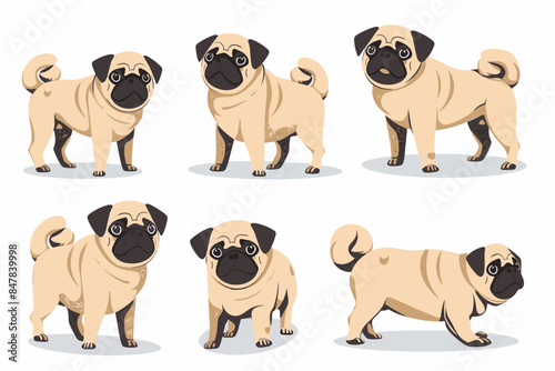 Cartoon dog. Active pet animal, cute puppy and dogs in different poses, running, jumping and sleeping character vector illustration set