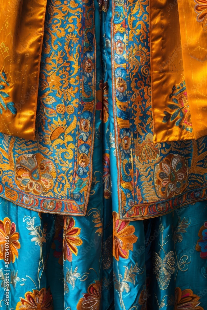 Close-up of a richly patterned, colorful garment with intricate designs in blue and gold, showcasing detailed textile craftsmanship. Close-up of a richly patterned, colorful garment with intricate designs in blue and gold, showcasing detailed textile craftsmanship.
