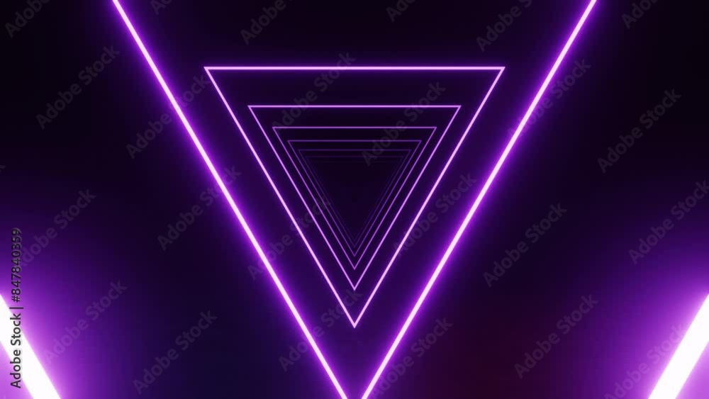 Abstract of dark sci-fi triangle tunnel, Futuristic neon light in geometric form. Loop animation. Abstract of dark sci-fi triangle tunnel, Futuristic neon light in geometric form. Loop animation.
