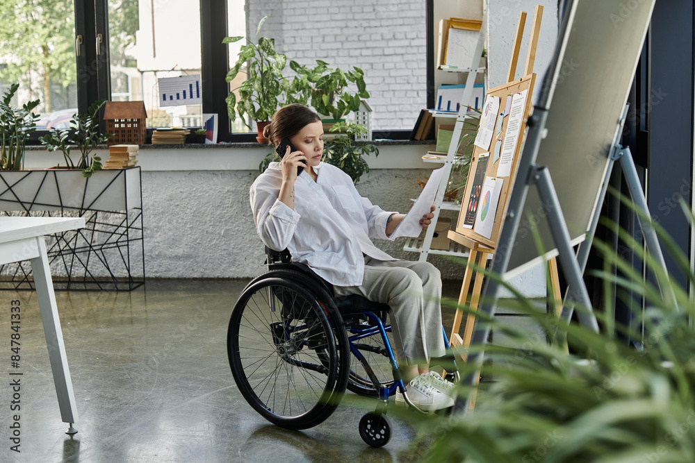 A young businesswoman with a disability sits in a wheelchair in a modern office, working on a project and talking on the phone. A young businesswoman with a disability sits in a wheelchair in a modern office, working on a project and talking on the phone.