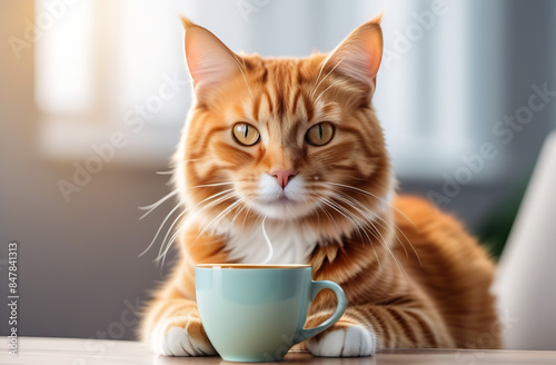 Cute ginger cat with a blue cup of coffee on a light kitchen background. The concept of delicious and fragrant coffee