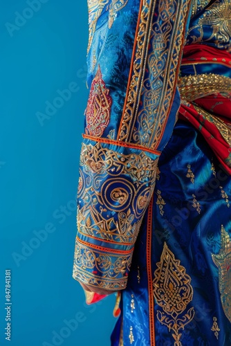Close-up of a traditional blue and gold garment with intricate details and patterns, set against a vibrant blue background. © kitidach