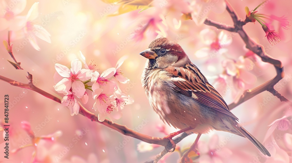 Close-up of a Cute Sparrow Bird on Cherry Blossom Tree Branch in Spring, Ideal for Romantic Animal Background Close-up of a Cute Sparrow Bird on Cherry Blossom Tree Branch in Spring, Ideal for Romantic Animal Background