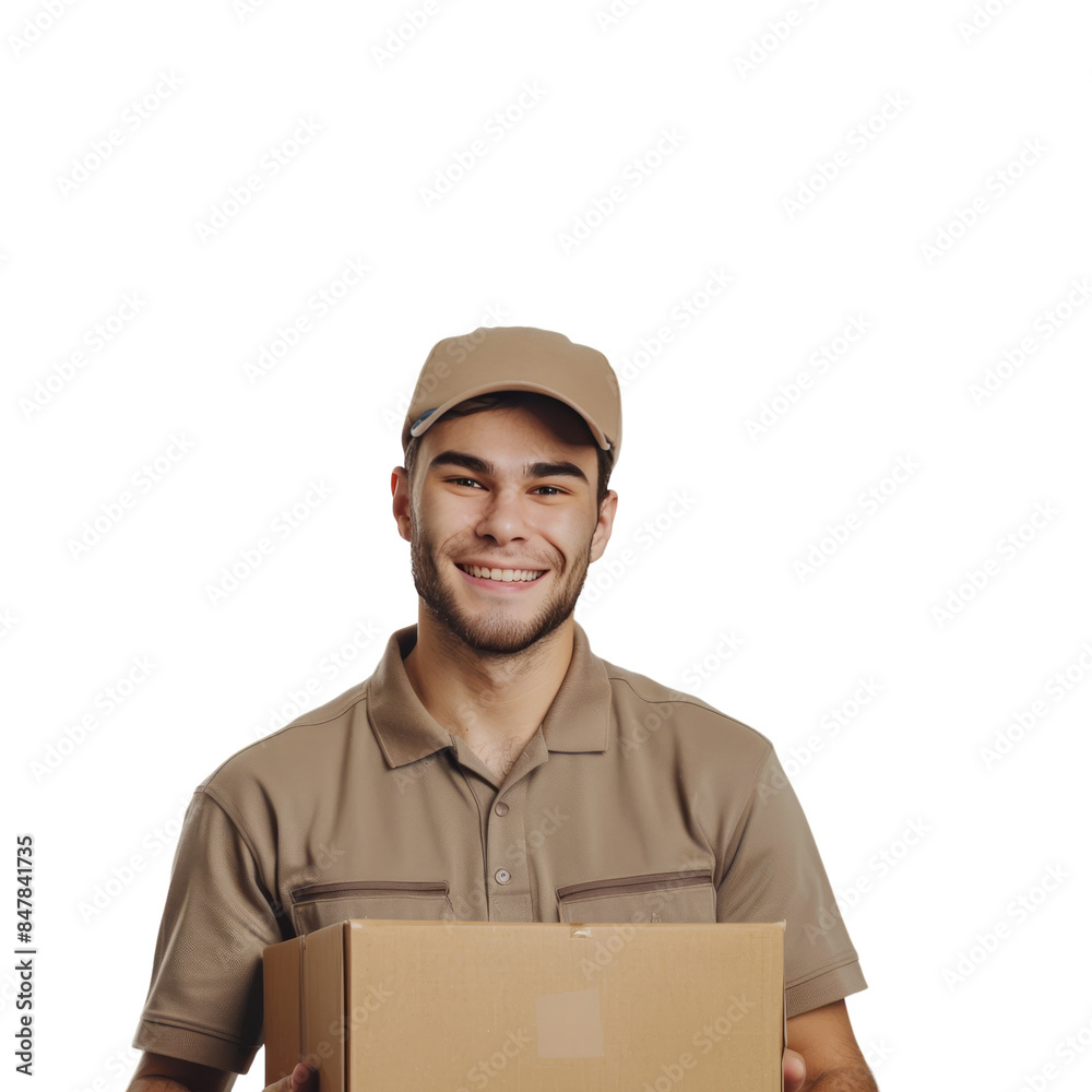 Smiling Delivery Driver Holding Package Against White Background Smiling Delivery Driver Holding Package Against White Background