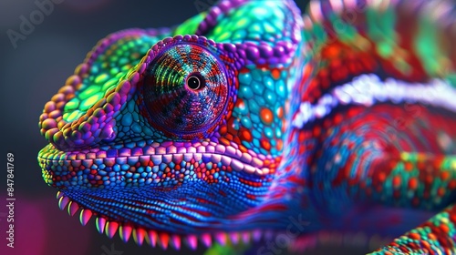 Close-Up Psychedelic Chameleon with Vibrant Multicolor Scales - Generative AI Artwork