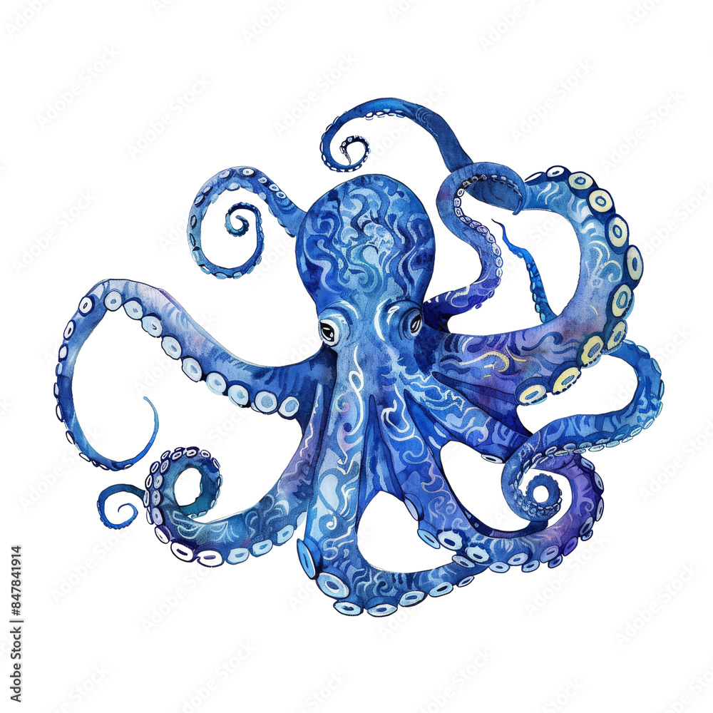 Obraz premium Watercolor Painting of a Blue Octopus With Eight Tentacles