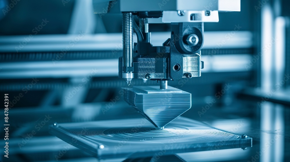Fototapeta premium 3D printer printing a component, layer by layer, technological, ambient light.