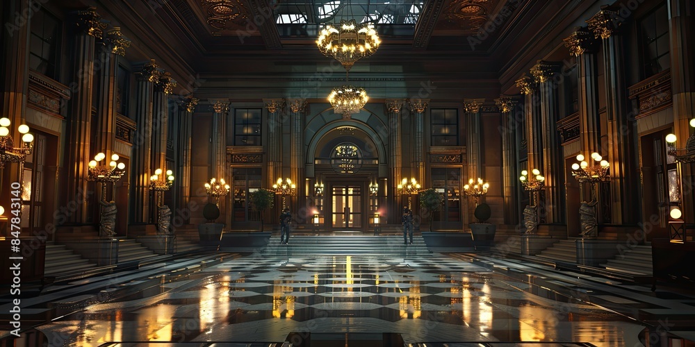 Fototapeta premium a image of a large hall with chandeliers and a clock