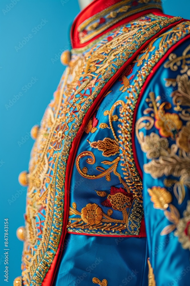Naklejka premium Close-up of a vibrant, intricately embroidered blue and red jacket with floral patterns against a solid blue background.
