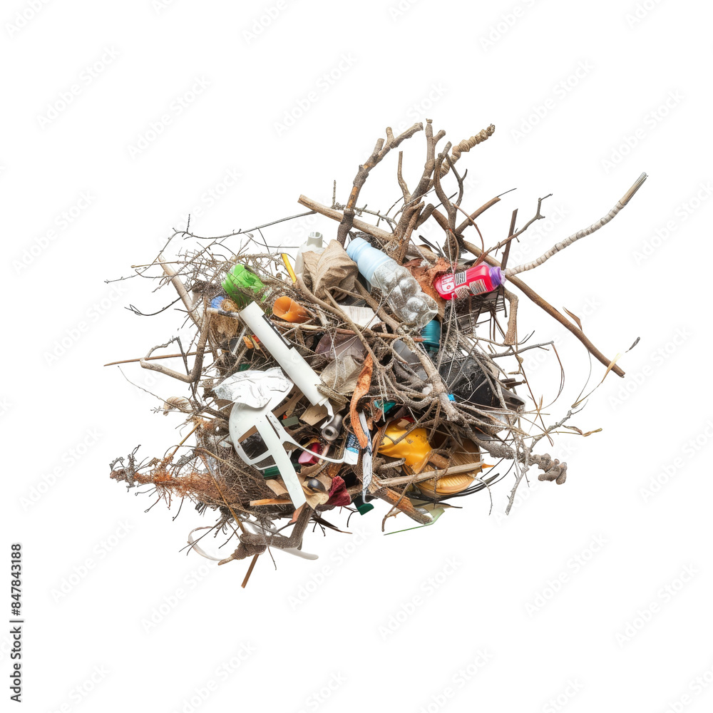 A Pile of Plastic, Sticks, and Trash Isolated on a White Background A Pile of Plastic, Sticks, and Trash Isolated on a White Background