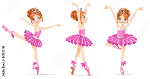 Cute cartoon girl ballerina in a pink tutu dances, in three different posesisolated on a white background