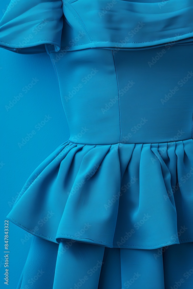 Close-up of a vibrant blue ruffled dress with elegant fabric texture, perfect for fashion and clothing backgrounds. Close-up of a vibrant blue ruffled dress with elegant fabric texture, perfect for fashion and clothing backgrounds.