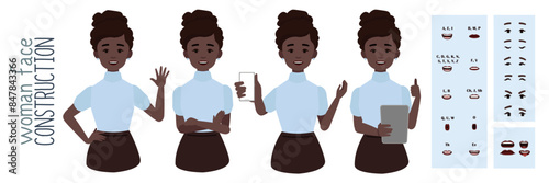 Business office woman constructor suitable for animation. Generator of diverse eyes, lips, emotion expressions mouth animation and lip sync. Young woman character face and upper body construction.