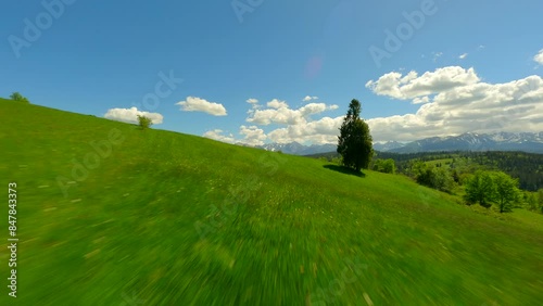 FPV flight over green meadow near the Tatra mountains in summer, Poland