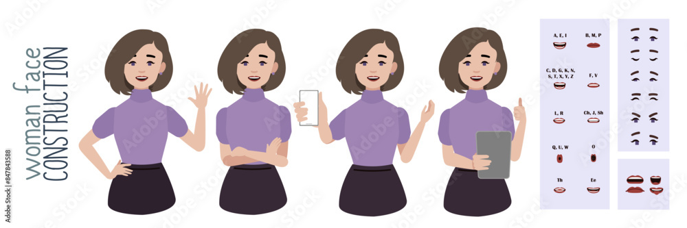 Business office woman constructor suitable for animation. Generator of diverse eyes, lips, emotion expressions mouth animation and lip sync. Young woman character face and upper body construction. Business office woman constructor suitable for animation. Generator of diverse eyes, lips, emotion expressions mouth animation and lip sync. Young woman character face and upper body construction.
