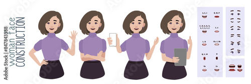 Business office woman constructor suitable for animation. Generator of diverse eyes, lips, emotion expressions mouth animation and lip sync. Young woman character face and upper body construction.