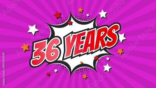 36th thirty-sixth anniversary - 36 thirty-six years birthday. Animated text on pop colorful background with rotating rays. photo