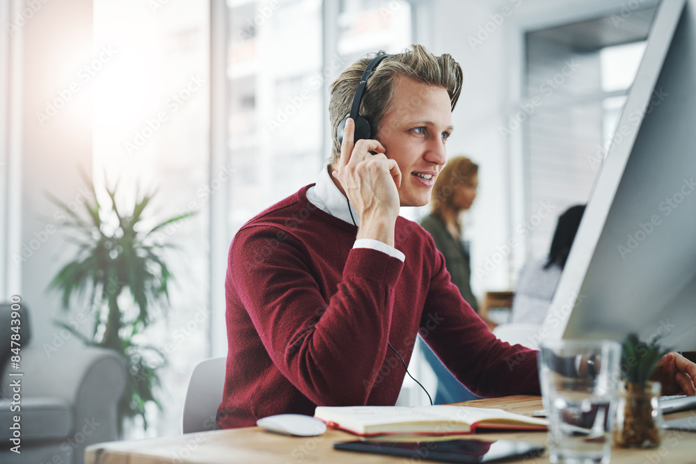 Call center, man and communication for customer support on computer for legal advice, listening or contact us. Consultant, microphone and help at telemarketing agency with headset and CRM operator Call center, man and communication for customer support on computer for legal advice, listening or contact us. Consultant, microphone and help at telemarketing agency with headset and CRM operator