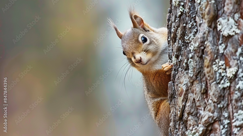 Curious Red Squirrel Peeking Behind Tree Trunk in Forest Habitat Curious Red Squirrel Peeking Behind Tree Trunk in Forest Habitat