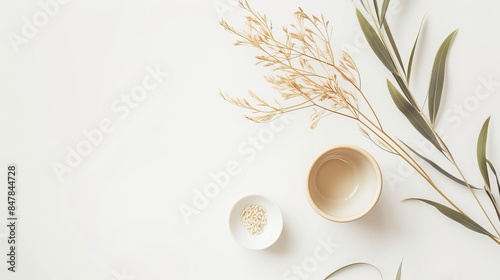 Minimalist flat lay composition with a small bowl of liquid, a small dish of grains, and dried plant branches on a white background. photo