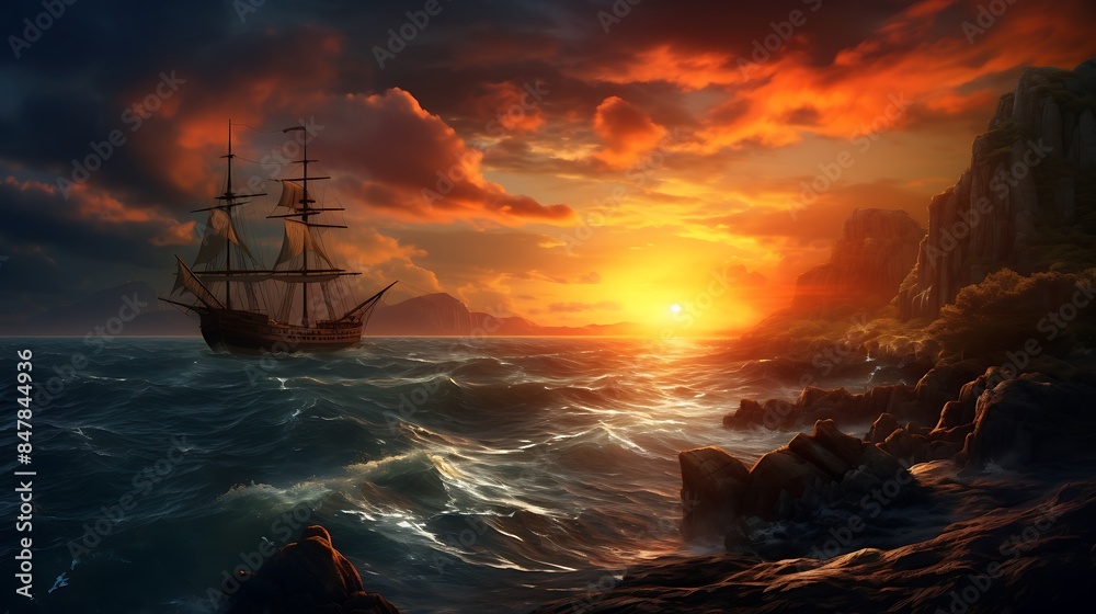 Obraz premium sailing ship in the sunset