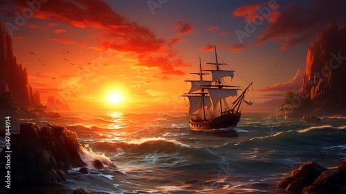 ship in the sunset