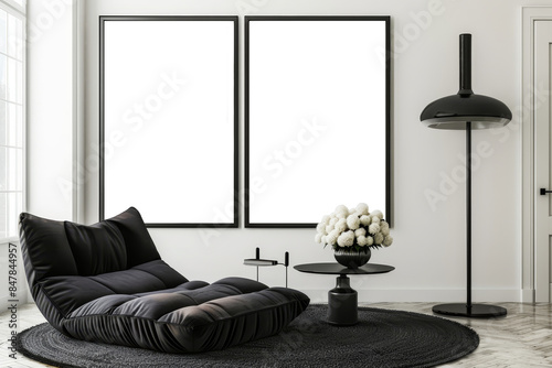 Minimalist Black and White Modern Interior Mock-up with Stylish Chaise Lounge and Framed Art Mock-ups