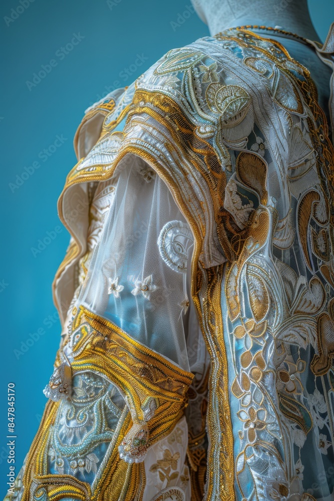 Obraz premium Close-up of intricate, ornate embroidery on a traditional garment with gold and white lace details against a blue background.