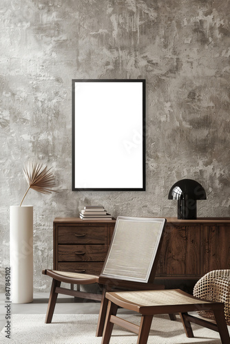 Rustic Modern Interior Mock-up with Empty Framed Art and Wooden Furniture