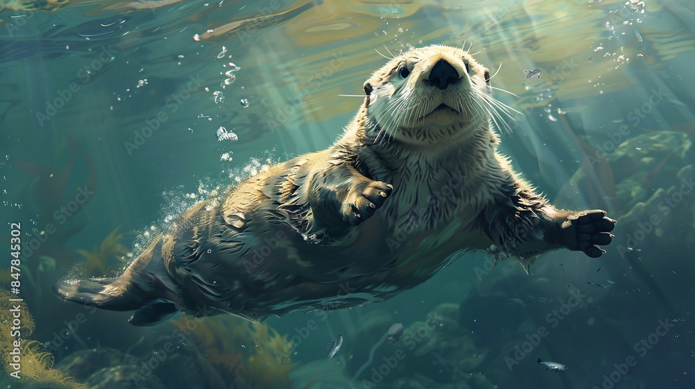 Obraz premium Generative AI: Cute Sea Otter in Underwater Play
