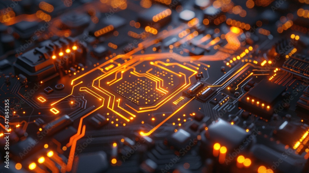 Close-up of illuminated circuit board with glowing orange paths, illustrating concepts of technology, isolated on transparency PNG background, electronics, and innovation. Close-up of illuminated circuit board with glowing orange paths, illustrating concepts of technology, isolated on transparency PNG background, electronics, and innovation.
