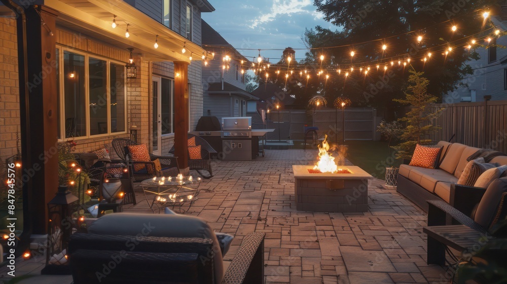 outdoor patio with comfortable seating, a fire pit, and string lights providing a perfect space for evening gatherings outdoor patio with comfortable seating, a fire pit, and string lights providing a perfect space for evening gatherings
