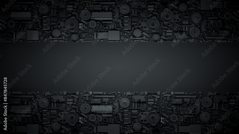 Dark industrial wallpaper with copy space. Black background with many different mechanical parts, gears, pipes, bolts, tools. 3d render