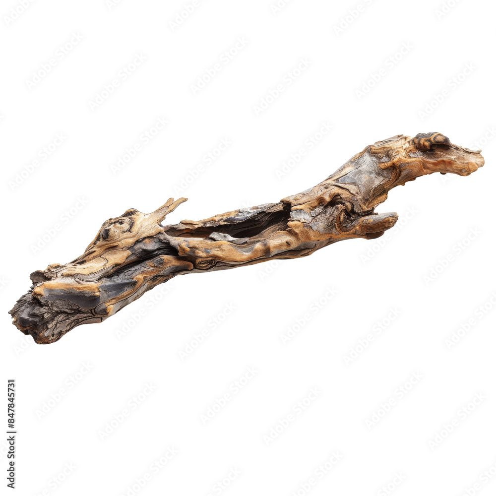 Fototapeta premium Weathered Driftwood Branch Isolated on White Background