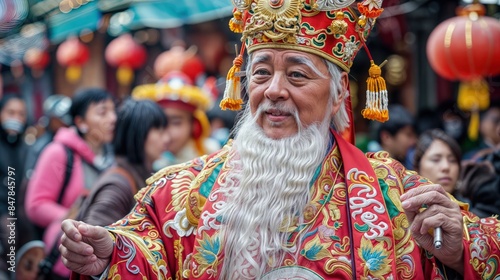 A man dressed as the God of Wealth stands in a crowd of people, smiling and holding a small object