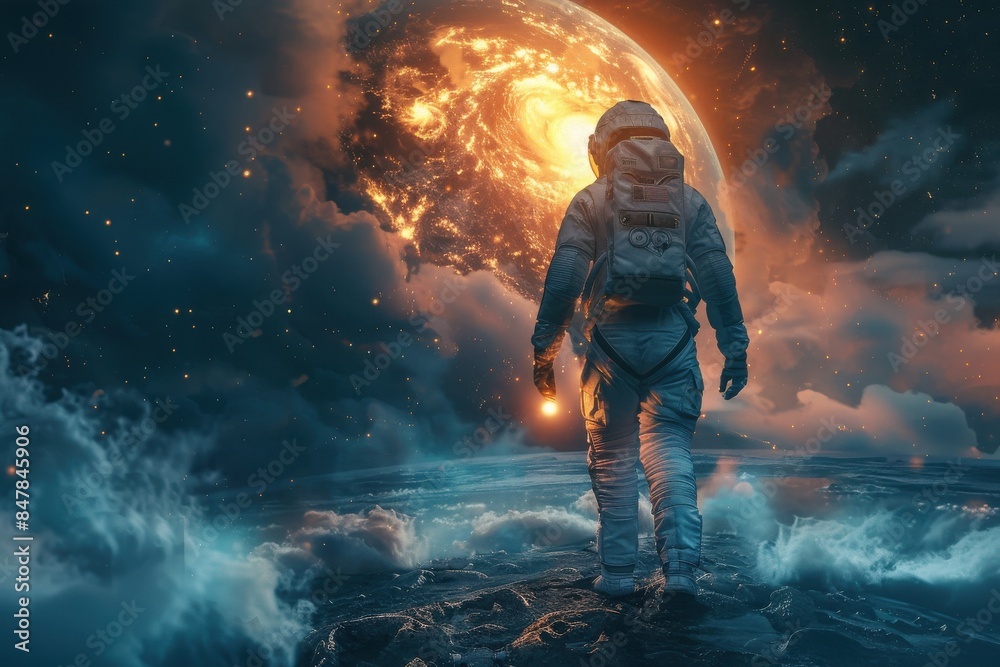 A man in a spacesuit is walking on a planet with a large orange sun in the backg A man in a spacesuit is walking on a planet with a large orange sun in the backg