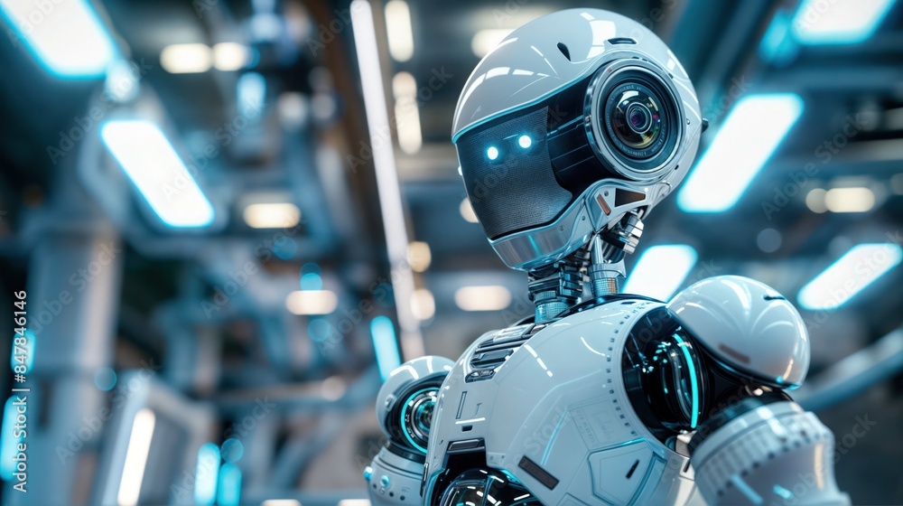 Fototapeta premium A futuristic robot with glowing blue eyes stands in a modern, metallic environment, its gaze fixed on an unseen point beyond the frame
