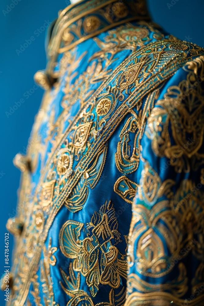 Close-up of ornate blue and gold embroidered fabric with intricate patterns, showcasing luxury and elegance in textile design. Close-up of ornate blue and gold embroidered fabric with intricate patterns, showcasing luxury and elegance in textile design.