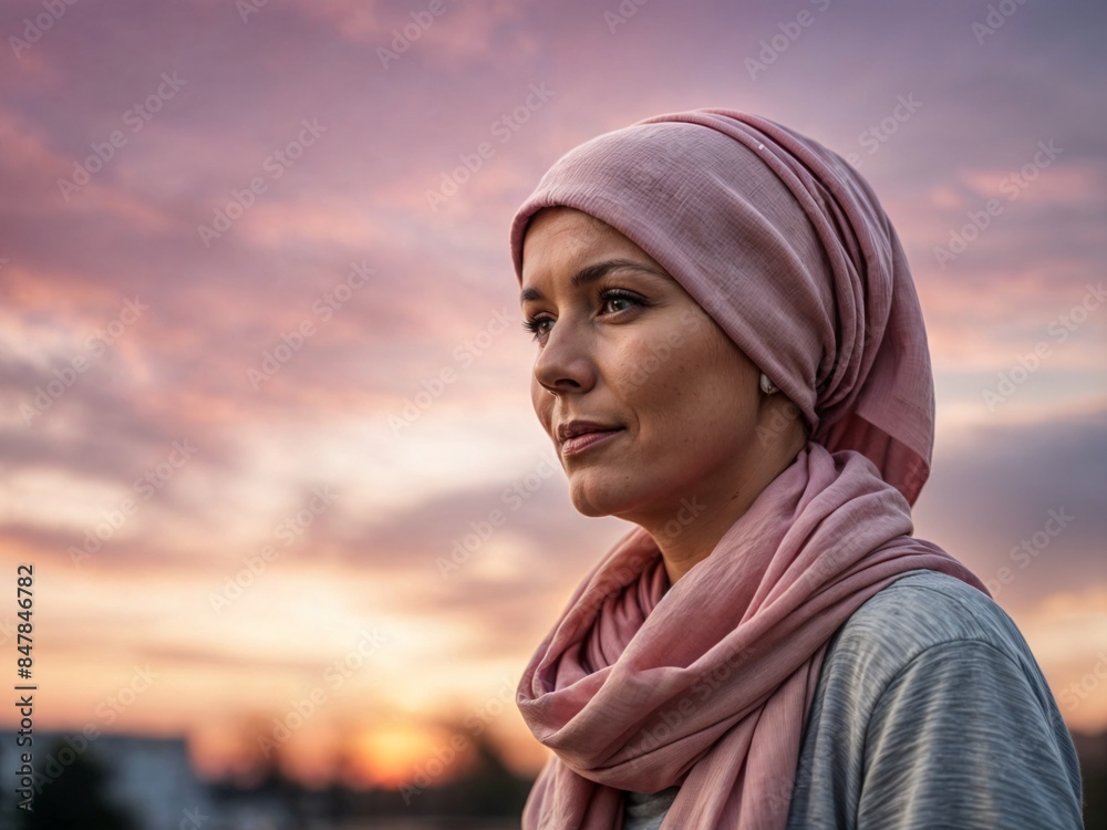 middle-aged woman with pink scarf symbolising breast cancer, looking at the horizon at sunset. middle-aged woman with pink scarf symbolising breast cancer, looking at the horizon at sunset.