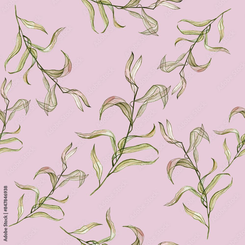 Fototapeta premium watercolor pattern on a pink background with twigs and leaves