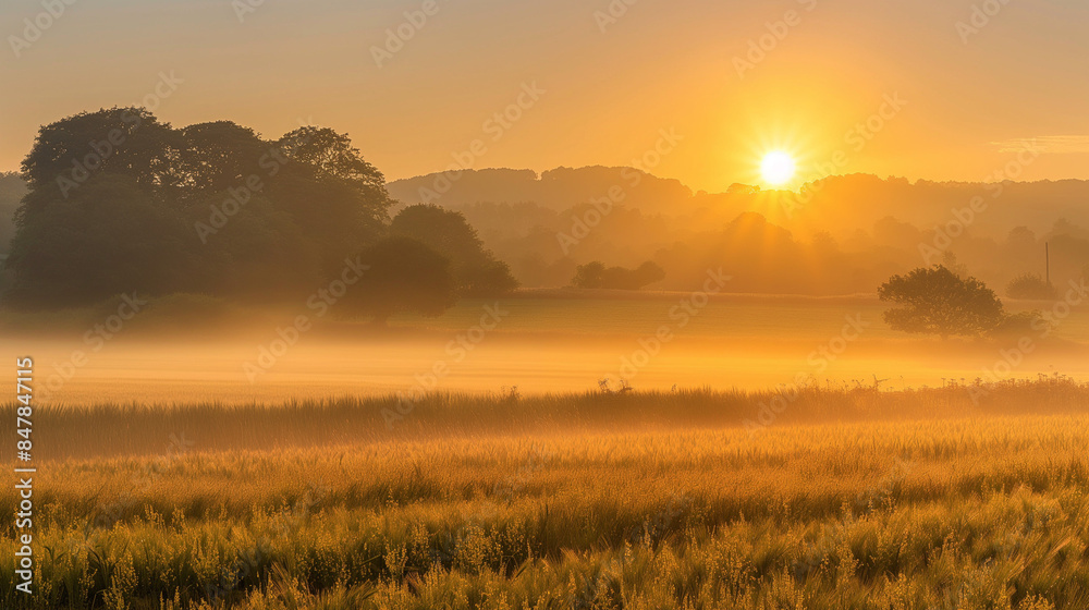 Fototapeta premium Sunrise over misty countryside field