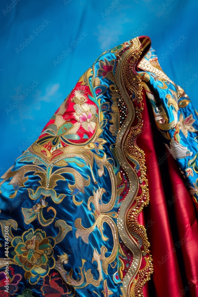 Naklejka premium Close-up of ornate, colorful fabric with intricate embroidery against a blue background. Rich textures and vibrant patterns.