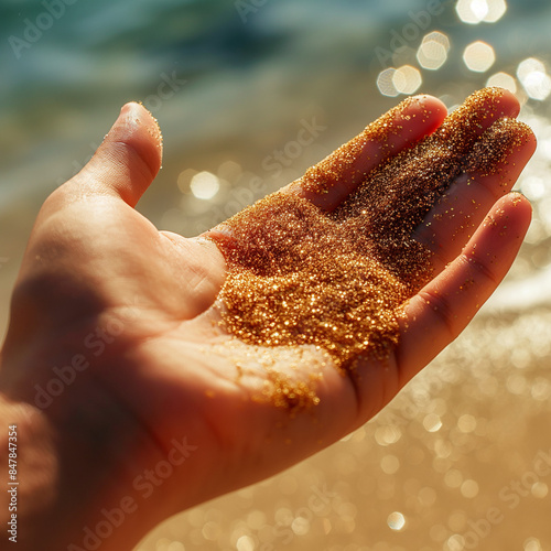 Golden sand glitters in hand by the sea