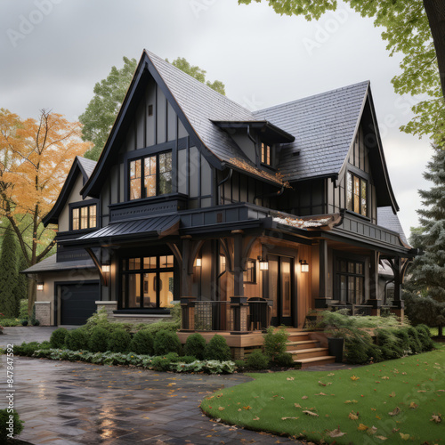 Dark black modern house with large windows and a surrounding forest.