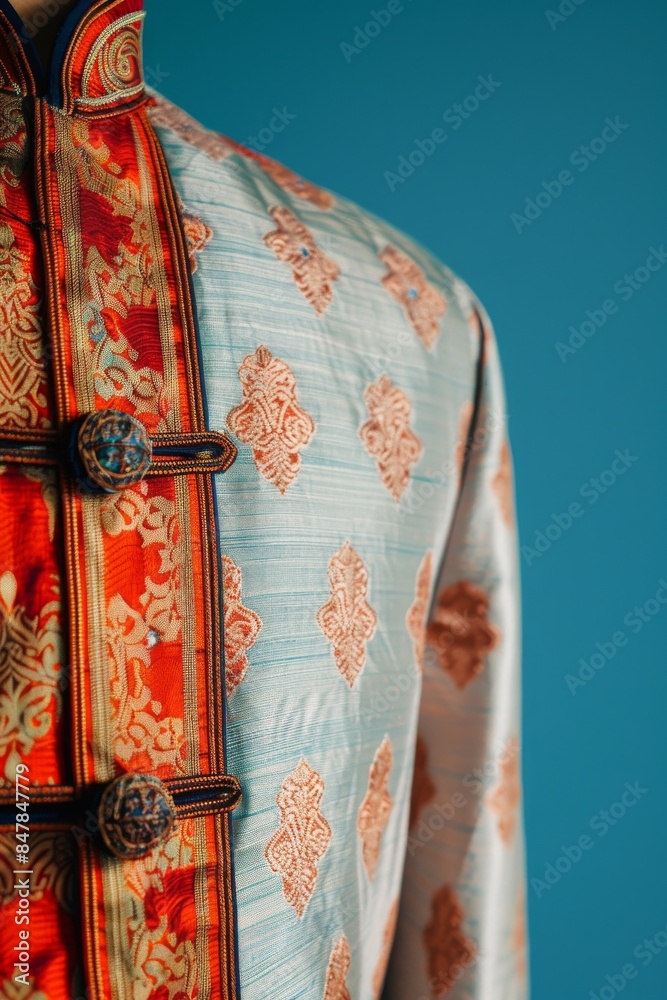 Naklejka premium Close-up of traditional Asian garment with intricate patterns and vibrant colors on a turquoise background.