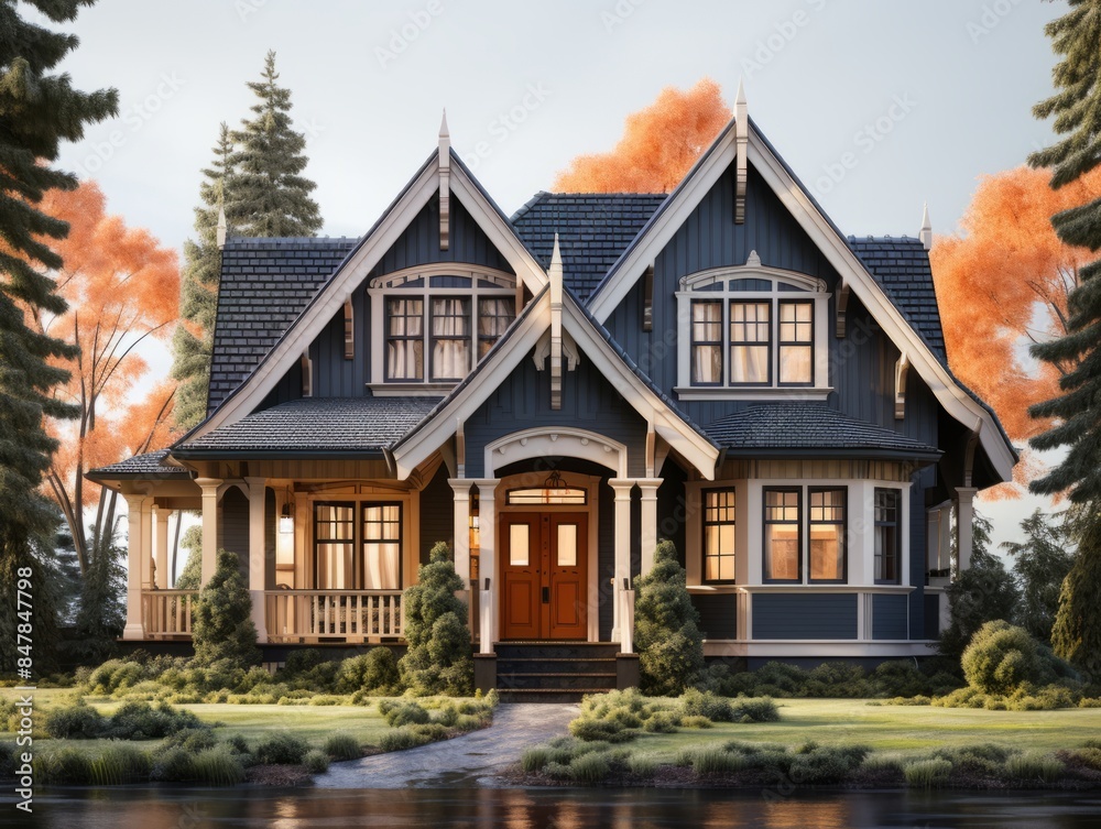 Dark black modern house with large windows and a surrounding forest. Dark black modern house with large windows and a surrounding forest.