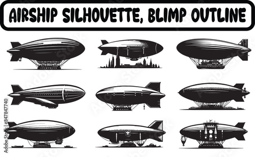 Black isolated silhouette Bundle on white background. Icon of side view of airship, Airship Silhouette Design