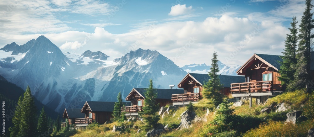 Fototapeta premium Small huts in the mountains. Creative banner. Copyspace image