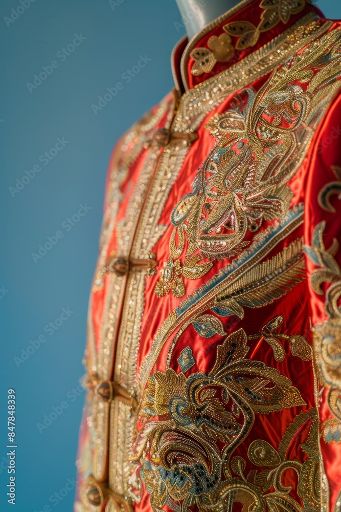 Close-up of traditional embroidered red garment with intricate golden patterns on blue background. Ideal for cultural and fashion themes. Close-up of traditional embroidered red garment with intricate golden patterns on blue background. Ideal for cultural and fashion themes.